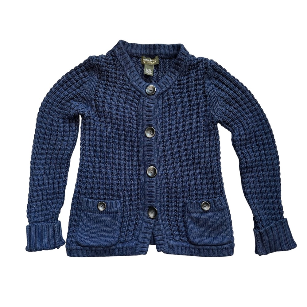 Gorpcore Eddie Bauer Waffle Knit Cardigan Sweater Size S Navy Blue Chunky